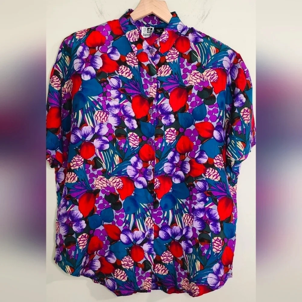 VTG Paul Et Duffier Womens 100% Silk Shirt Size M Tropical Floral Resort Island